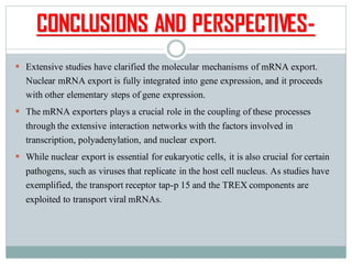 CONCLUSIONS AND PERSPECTIVES-
▪ Extensive studies have clarified the molecular mechanisms of mRNA export.
Nuclear mRNA export is fully integrated into gene expression, and it proceeds
with other elementary steps of gene expression.
▪ The mRNA exporters plays a crucial role in the coupling of these processes
through the extensive interaction networks with the factors involved in
transcription, polyadenylation, and nuclear export.
▪ While nuclear export is essential for eukaryotic cells, it is also crucial for certain
pathogens, such as viruses that replicate in the host cell nucleus. As studies have
exemplified, the transport receptor tap-p 15 and the TREX components are
exploited to transport viral mRNAs.
 