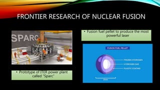 FRONTIER RESEARCH OF NUCLEAR FUSION
• Prototype of ITER power plant
called “Sparc”
• Fusion fuel pellet to produce the most
powerful laser
 