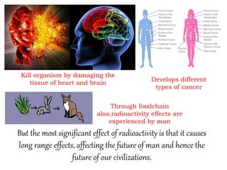 Kill organism by damaging the
tissue of heart and brain
Develops different
types of cancer
Through foodchain
also,radioactivity effects are
experienced by man
But the most significant effect of radioactivity is that it causes
long range effects, affecting the future of man and hence the
future of our civilizations.
 