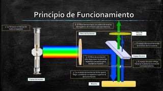 Fuente de emisión
Filtro de Excitación
Filtro de
barrera
Espejo dicroico
Muestra
1. La lámpara emite luz en
todo el espectro
2. El filtro de excitación
sólo deja pasar la parte del
espectro necesaria para
excitar la muestra
3. El espejo dicroico refleja
hacia la muestra la excitación
correspondiente.
4. La muestra se excita con la luz que le
llega y emite en un espectro superior al
de la excitación.
5. El espejo dicroico transmite
la emisión de la muestra
6. El filtro barrera hace una selección exacta
del espectro de emisión que nos interesa.
 