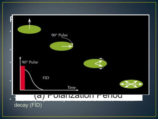 • The alignment of these protons is called polarization but
  this does not happen immediately it grows with a time
  constant called longitudinal relaxation time T1
• After T1 an oscillating magnetic field is applied, sending
  pulses of radio-frequency energy into the formation
• The initial pulse is perpendicular to Bo and aligns the
  spins in the transverse direction in phase with one
  another
• As the pulse dies, the magnetisation caused buy the
  precession decreases as the spins return out of phase
  and the signal seen in the receiver decays
• This very rapid decay is referred to as free induction
  decay (FID)
 