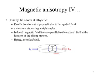 Magnetic anisotropy IV…
• Finally, let‟s look at ethylene:
    – Double bond oriented perpendicular to the applied field.
    – electrons circulating at right angles.
    – Induced magnetic field lines are parallel to the external field at the
      location of the alkene protons.
    – Hence, downfield shift.




                                                                               21
 