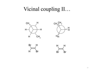 Vicinal coupling II…

    CH3          H             CH3CH3
H                            H H
                     H                       H
    H                    H                   H
                                              H
    H                    H                     H
        H        CH3            HH
             H
         H                       HH

        Br       H               H      H

        H        Br              Br     Br




                                                   37
 