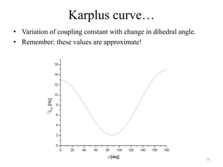 Karplus curve…
• Variation of coupling constant with change in dihedral angle.
• Remember: these values are approximate!




                                                                  38
 