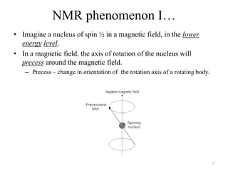 NMR phenomenon I…
• Imagine a nucleus of spin ½ in a magnetic field, in the lower
  energy level.
• In a magnetic field, the axis of rotation of the nucleus will
  precess around the magnetic field.
   – Precess – change in orientation of the rotation axis of a rotating body.




                                                                                6
 