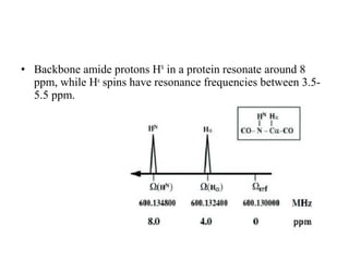 • Backbone amide protons HN
in a protein resonate around 8
ppm, while Hα
spins have resonance frequencies between 3.5-
5.5 ppm.
 