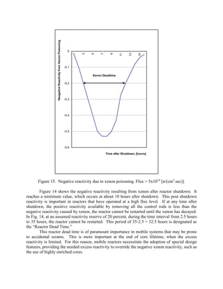15

13

11

9

7

5

3

1

Neagative Reactivity from Xenon Poisoning

0

-0.1
Xenon Deadtime
-0.2

-0.3

-0.4

-0.5

-0.6
Time after Shutdown, [hours]

Figure 15. Negative reactivity due to xenon poisoning. Flux = 5x1014 [n/(cm2.sec)].
Figure 14 shows the negative reactivity resulting from xenon after reactor shutdown. It
reaches a minimum value, which occurs at about 10 hours after shutdown. This post shutdown
reactivity is important in reactors that have operated at a high flux level. If at any time after
shutdown, the positive reactivity available by removing all the control rods is less than the
negative reactivity caused by xenon, the reactor cannot be restarted until the xenon has decayed.
In Fig. 14, at an assumed reactivity reserve of 20 percent, during the time interval from 2.5 hours
to 35 hours, the reactor cannot be restarted. This period of 35-2.5 = 32.5 hours is designated as
the “Reactor Dead Time.”
This reactor dead time is of paramount importance in mobile systems that may be prone
to accidental scrams. This is more important at the end of core lifetime, when the excess
reactivity is limited. For this reason, mobile reactors necessitate the adoption of special design
features, providing the needed excess reactivity to override the negative xenon reactivity, such as
the use of highly enriched cores.

 