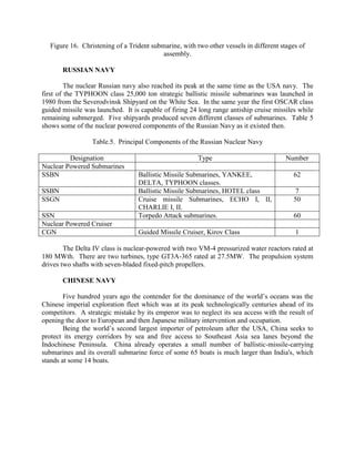 Figure 16. Christening of a Trident submarine, with two other vessels in different stages of
assembly.
RUSSIAN NAVY
The nuclear Russian navy also reached its peak at the same time as the USA navy. The
first of the TYPHOON class 25,000 ton strategic ballistic missile submarines was launched in
1980 from the Severodvinsk Shipyard on the White Sea. In the same year the first OSCAR class
guided missile was launched. It is capable of firing 24 long range antiship cruise missiles while
remaining submerged. Five shipyards produced seven different classes of submarines. Table 5
shows some of the nuclear powered components of the Russian Navy as it existed then.
Table.5. Principal Components of the Russian Nuclear Navy
Designation
Nuclear Powered Submarines
SSBN
SSBN
SSGN
SSN
Nuclear Powered Cruiser
CGN

Type

Number

Ballistic Missile Submarines, YANKEE,
DELTA, TYPHOON classes.
Ballistic Missile Submarines, HOTEL class
Cruise missile Submarines, ECHO I, II,
CHARLIE I, II.
Torpedo Attack submarines.

62

Guided Missile Cruiser, Kirov Class

1

7
50
60

The Delta IV class is nuclear-powered with two VM-4 pressurized water reactors rated at
180 MWth. There are two turbines, type GT3A-365 rated at 27.5MW. The propulsion system
drives two shafts with seven-bladed fixed-pitch propellers.
CHINESE NAVY
Five hundred years ago the contender for the dominance of the world’s oceans was the
Chinese imperial exploration fleet which was at its peak technologically centuries ahead of its
competitors. A strategic mistake by its emperor was to neglect its sea access with the result of
opening the door to European and then Japanese military intervention and occupation.
Being the world’s second largest importer of petroleum after the USA, China seeks to
protect its energy corridors by sea and free access to Southeast Asia sea lanes beyond the
Indochinese Peninsula. China already operates a small number of ballistic-missile-carrying
submarines and its overall submarine force of some 65 boats is much larger than India's, which
stands at some 14 boats.

 