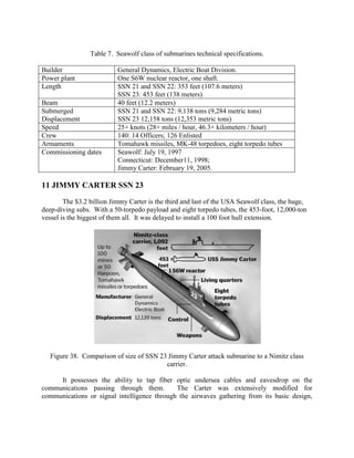Table 7. Seawolf class of submarines technical specifications.
Builder
Power plant
Length
Beam
Submerged
Displacement
Speed
Crew
Armaments
Commissioning dates

General Dynamics, Electric Boat Division.
One S6W nuclear reactor, one shaft.
SSN 21 and SSN 22: 353 feet (107.6 meters)
SSN 23: 453 feet (138 meters)
40 feet (12.2 meters)
SSN 21 and SSN 22: 9,138 tons (9,284 metric tons)
SSN 23 12,158 tons (12,353 metric tons)
25+ knots (28+ miles / hour, 46.3+ kilometers / hour)
140: 14 Officers; 126 Enlisted
Tomahawk missiles, MK-48 torpedoes, eight torpedo tubes
Seawolf: July 19, 1997
Connecticut: December11, 1998;
Jimmy Carter: February 19, 2005.

11 JIMMY CARTER SSN 23
The $3.2 billion Jimmy Carter is the third and last of the USA Seawolf class, the huge,
deep-diving subs. With a 50-torpedo payload and eight torpedo tubes, the 453-foot, 12,000-ton
vessel is the biggest of them all. It was delayed to install a 100 foot hull extension.

Figure 38. Comparison of size of SSN 23 Jimmy Carter attack submarine to a Nimitz class
carrier.
It possesses the ability to tap fiber optic undersea cables and eavesdrop on the
communications passing through them.
The Carter was extensively modified for
communications or signal intelligence through the airwaves gathering from its basic design,

 