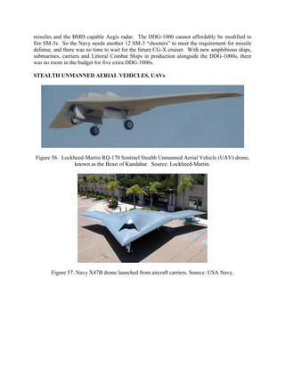 missiles and the BMD capable Aegis radar. The DDG-1000 cannot affordably be modified to
fire SM-3s. So the Navy needs another 12 SM-3 “shooters” to meet the requirement for missile
defense, and there was no time to wait for the future CG-X cruiser. With new amphibious ships,
submarines, carriers and Littoral Combat Ships in production alongside the DDG-1000s, there
was no room in the budget for five extra DDG-1000s.
STEALTH UNMANNED AERIAL VEHICLES, UAVs

Figure 56. Lockheed-Martin RQ-170 Sentinel Stealth Unmanned Aerial Vehicle (UAV) drone,
known as the Beast of Kandahar. Source: Lockheed-Martin.

Figure 57. Navy X47B drone launched from aircraft carriers. Source: USA Navy.

 
