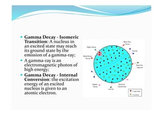  Gamma Decay - Isomeric
Transition: A nucleus in
an excited state may reach
its ground state by the
emission of a gamma-ray;
 A gamma-ray is an
electromagnetic photon of
high energy;
 Gamma Decay - Internal
Conversion: the excitation
energy of an excited
nucleus is given to an
atomic electron.
 