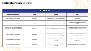 Radiopharmaceutical Type Storage Uses
Meta-iodobenzyl (I-131) injection Diagnostic Store frozen at ≤ 0 ℃ with proper shielding For imaging
Meta-iodobenzyl (I-131) injection Therapeutic Store frozen at ≤ 0℃ with proper shielding
To treat tumors of the adrenal or thyroid
glands
Samarium (Sm-153) ethylene diamine
tetramethylene phosphonate (EDTMP)
injection
Therapeutic Store at 2～8 ℃ with adequate shielding
For treatment of intense pain in advanced
stage due to metastatized form of lungs,
prostate and breast cancer
Sodium fluoride (F-18) injection Diagnostic
Store in sterile containers as single dose or
multiple doses with proper shielding
Bone imaging agent to define areas of
altered osteogenic activity
Sodium iodide (I-131) capsules Diagnostic
Store in a cool and dark place with proper
shielding
Diagnosis of thyroid function and
malignancies
Sodium iodide (I-131) capsules Therapeutic
Store in a cool and dark place with proper
shielding
Treating different types of thyroid tumors
EXAMPLES
Radiopharmaceuticals
 