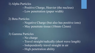 1) Alpha Particles
- Positive Charge, Heavier (the nucleus)
- Low penetration (paper width)
2) Beta Particles
- Negative Charge (but also has positive ions)
- May penetrate tissue (10mm-12mm)
3) Gamma Particles
- No charge
- Travel straight/radically (short wave length)
- Independently travel straight in air
- High penetration ability
 