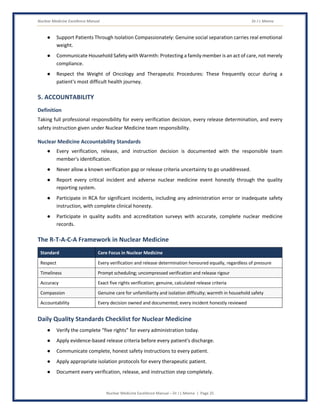 Nuclear Medicine Excellence Manual Dr J L Meena
Nuclear Medicine Excellence Manual – Dr J L Meena | Page 25
● Support Patients Through Isolation Compassionately: Genuine social separation carries real emotional
weight.
● Communicate Household Safety with Warmth: Protecting a family member is an act of care, not merely
compliance.
● Respect the Weight of Oncology and Therapeutic Procedures: These frequently occur during a
patient's most difficult health journey.
5. ACCOUNTABILITY
Definition
Taking full professional responsibility for every verification decision, every release determination, and every
safety instruction given under Nuclear Medicine team responsibility.
Nuclear Medicine Accountability Standards
● Every verification, release, and instruction decision is documented with the responsible team
member's identification.
● Never allow a known verification gap or release criteria uncertainty to go unaddressed.
● Report every critical incident and adverse nuclear medicine event honestly through the quality
reporting system.
● Participate in RCA for significant incidents, including any administration error or inadequate safety
instruction, with complete clinical honesty.
● Participate in quality audits and accreditation surveys with accurate, complete nuclear medicine
records.
The R-T-A-C-A Framework in Nuclear Medicine
Standard Core Focus in Nuclear Medicine
Respect Every verification and release determination honoured equally, regardless of pressure
Timeliness Prompt scheduling; uncompressed verification and release rigour
Accuracy Exact five rights verification; genuine, calculated release criteria
Compassion Genuine care for unfamiliarity and isolation difficulty; warmth in household safety
Accountability Every decision owned and documented; every incident honestly reviewed
Daily Quality Standards Checklist for Nuclear Medicine
● Verify the complete “five rights” for every administration today.
● Apply evidence-based release criteria before every patient's discharge.
● Communicate complete, honest safety instructions to every patient.
● Apply appropriate isolation protocols for every therapeutic patient.
● Document every verification, release, and instruction step completely.
 