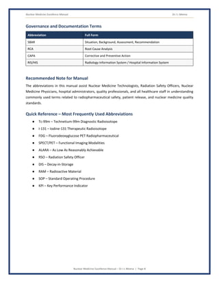 Nuclear Medicine Excellence Manual Dr J L Meena
Nuclear Medicine Excellence Manual – Dr J L Meena | Page 8
Governance and Documentation Terms
Abbreviation Full Form
SBAR Situation, Background, Assessment, Recommendation
RCA Root Cause Analysis
CAPA Corrective and Preventive Action
RIS/HIS Radiology Information System / Hospital Information System
Recommended Note for Manual
The abbreviations in this manual assist Nuclear Medicine Technologists, Radiation Safety Officers, Nuclear
Medicine Physicians, hospital administrators, quality professionals, and all healthcare staff in understanding
commonly used terms related to radiopharmaceutical safety, patient release, and nuclear medicine quality
standards.
Quick Reference – Most Frequently Used Abbreviations
● Tc-99m – Technetium-99m Diagnostic Radioisotope
● I-131 – Iodine-131 Therapeutic Radioisotope
● FDG – Fluorodeoxyglucose PET Radiopharmaceutical
● SPECT/PET – Functional Imaging Modalities
● ALARA – As Low As Reasonably Achievable
● RSO – Radiation Safety Officer
● DIS – Decay-in-Storage
● RAM – Radioactive Material
● SOP – Standard Operating Procedure
● KPI – Key Performance Indicator
 