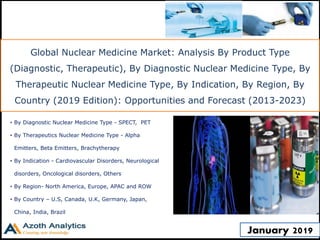 Global Nuclear Medicine Market: Analysis By Product Type
(Diagnostic, Therapeutic), By Diagnostic Nuclear Medicine Type, By
Therapeutic Nuclear Medicine Type, By Indication, By Region, By
Country (2019 Edition): Opportunities and Forecast (2013-2023)
• By Diagnostic Nuclear Medicine Type - SPECT, PET
• By Therapeutics Nuclear Medicine Type - Alpha
Emitters, Beta Emitters, Brachytherapy
• By Indication - Cardiovascular Disorders, Neurological
disorders, Oncological disorders, Others
• By Region- North America, Europe, APAC and ROW
• By Country – U.S, Canada, U.K, Germany, Japan,
China, India, Brazil
January 2019
 