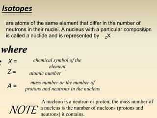 Isotopes 
are atoms of the same element that differ in the number of 
neutrons in their nuclei. A nucleus with a particular composition 
A 
is called a nuclide and is represented by X 
Zwhere 
: X = 
Z = 
A = 
chemical symbol of the 
element 
atomic number 
mass number or the number of 
protons and neutrons in the nucleus 
A nucleon is a neutron or proton; the mass number of 
a nucleus is the number of nucleons (protons and 
neutrons) it contains. 
NOTE 
 