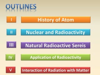 I 
II 
III 
IV 
History of Atom 
Nuclear and Radioactivity 
Natural Radioactive Sereis 
Application of Radioactivity 
V Interaction of Radiation with Matter 
 