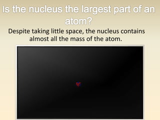 Despite taking little space, the nucleus contains 
almost all the mass of the atom. 
 
