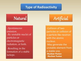 Type of Radioactivity 
Natural Artificiall 
-Collision of two 
particles or collision of 
a particle like neutron 
with the atomic 
nucleus. 
-May generate the 
unstable element from 
a stable one. 
-Nuclear Fission 
-Nuclear Fusion 
-Spontaneous 
emission. 
-By unstable nuclei of 
particles or 
electromagnetic 
radiation, or both. 
-Resulting in the 
formation of a stable 
isotope. 
 