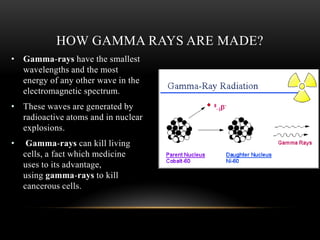 • Gamma-rays have the smallest
wavelengths and the most
energy of any other wave in the
electromagnetic spectrum.
• These waves are generated by
radioactive atoms and in nuclear
explosions.
• Gamma-rays can kill living
cells, a fact which medicine
uses to its advantage,
using gamma-rays to kill
cancerous cells.
HOW GAMMA RAYS ARE MADE?
 