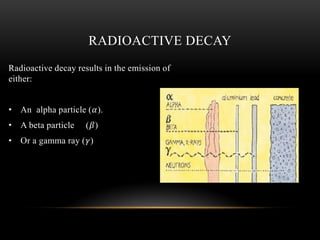 Radioactive decay results in the emission of
either:
• An alpha particle (𝛼).
• A beta particle (𝛽)
• Or a gamma ray (𝛾)
RADIOACTIVE DECAY
 