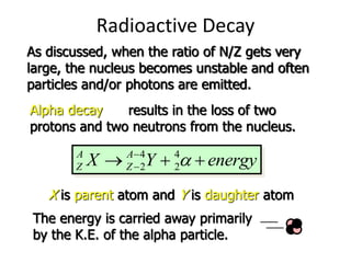 Radioactive Decay
As discussed, when the ratio of N/Z gets very
large, the nucleus becomes unstable and often
particles and/or photons are emitted.
Alpha decay results in the loss of two
protons and two neutrons from the nucleus.
4
2a
4 4
2 2
A A
Z Z
X Y energy
a


  
X is parent atom and Y is daughter atom
The energy is carried away primarily
by the K.E. of the alpha particle.
 