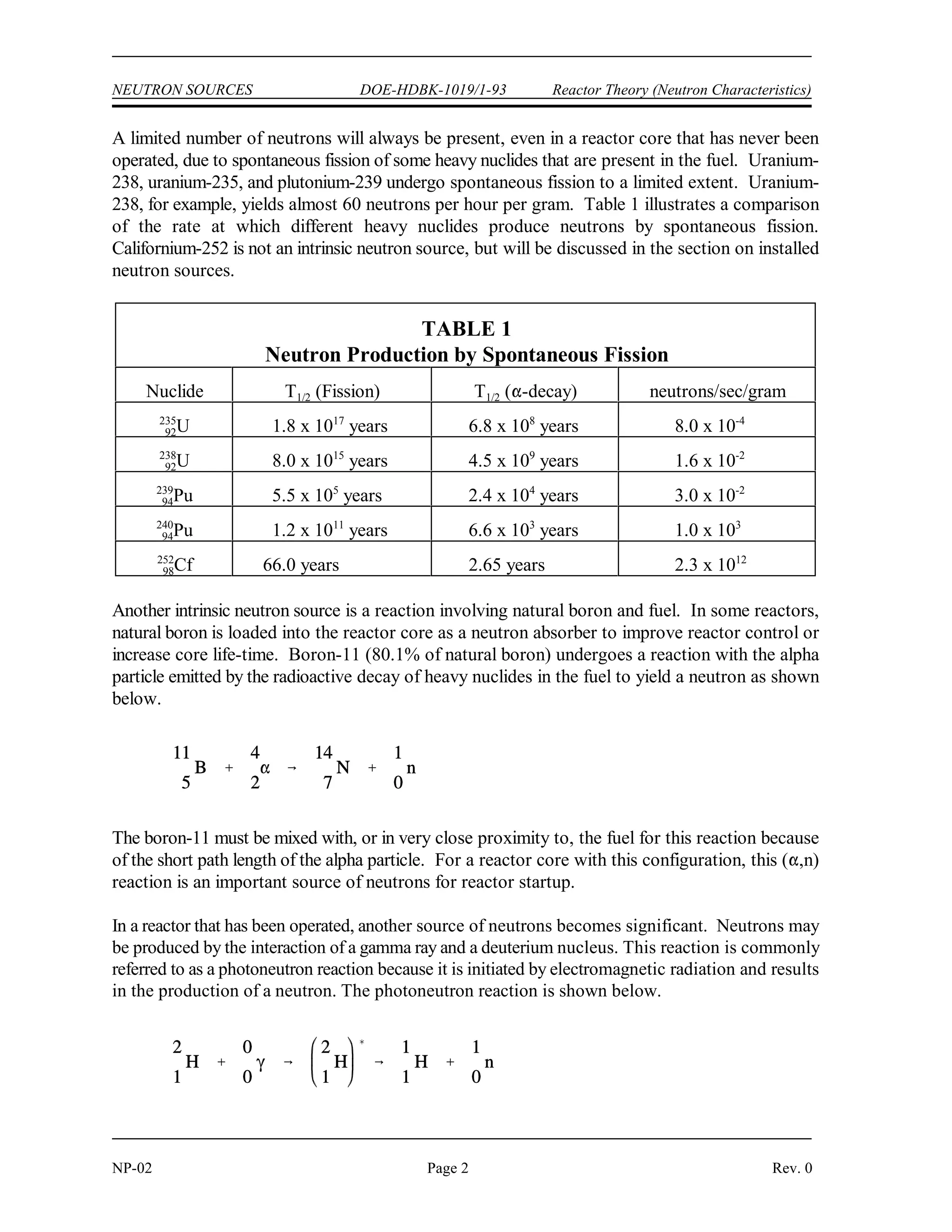 Reactor Theory (Neutron Characteristics) DOE-HDBK-1019/1-93 NEUTRON SOURCES
Rev. 0 Page 1 NP-02
NEUTRON SOURCES
Neutrons from a variety of sources are always present in a reactor core. This is
true even when the reactor is shut down. Some of these neutrons are produced by
naturally occurring (intrinsic) neutron sources, while others may be the result of
fabricated (installed) neutron sources that are incorporated into the design of the
reactor. The neutrons produced by sources other than neutron-induced fission
are often grouped together and classified as source neutrons.
EO 1.1 DEFINE the following terms:
a. Intrinsic neutron source
b. Installed neutron source
EO 1.2 LIST three examples of reactions that produce neutrons in
intrinsic neutron sources.
EO 1.3 LIST three examples of reactions that produce neutrons in
installed neutron sources.
Neutron Sources
In addition to neutron-induced fission, neutrons are produced by other reactions. The neutrons
produced by reactions other than neutron-induced fission are called source neutrons. Source
neutrons are important because they ensure that the neutron population remains high enough to
allow a visible indication of neutron level on the most sensitive monitoring instruments while the
reactor is shutdown and during the startup sequence. This verifies instrument operability and
allows monitoring of neutron population changes. Source neutrons can be classified as either
intrinsic or installed neutron sources.
Intrinsic Neutron Sources
Some neutrons will be produced in the materials present in the reactor due to a variety of
unavoidable reactions that occur because of the nature of these materials. Intrinsic neutron
sources are those neutron-producing reactions that always occur in reactor materials.
 