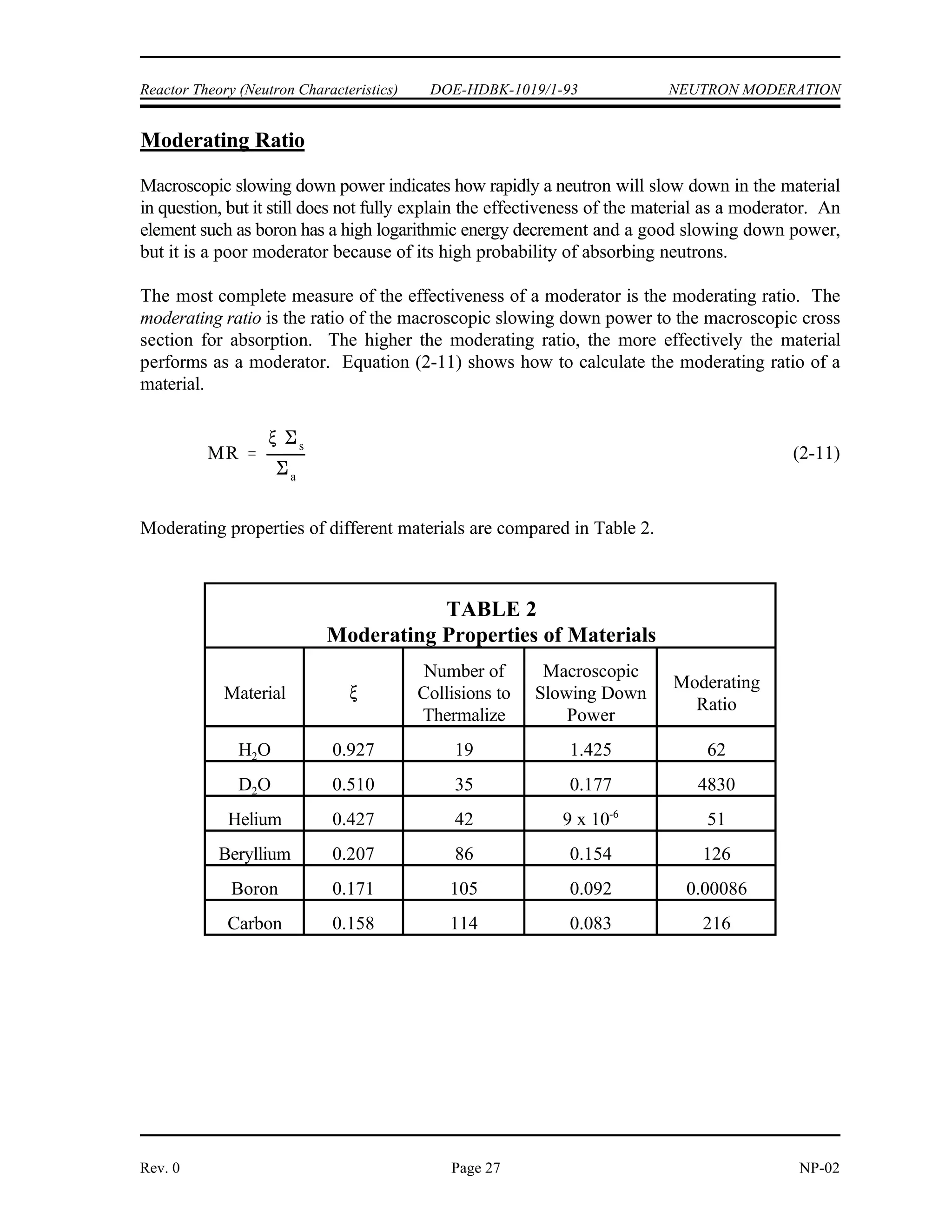 ! (
NEUTRON MODERATION DOE-HDBK-1019/1-93 Reactor Theory (Neutron Characteristics)
NP-02 Page 26 Rev. 0
(2-9)
where:
E = initial neutron energy
o
E = neutron energy after N collisions
N
x = average fractional energy loss per collision
N = number of collisions
Example:
If the average fractional energy loss per collision in hydrogen is 0.63, what will be the
energy of a 2 MeV neutron after (a) 5 collisions? (b) 10 collisions?
Solution:
a)
b)
Macroscopic Slowing Down Power
Although the logarithmic energy decrement is a convenient measure of the ability of a material
to slow neutrons, it does not measure all necessary properties of a moderator. A better measure
of the capabilities of a material is the macroscopic slowing down power. The macroscopic
slowing down power (MSDP) is the product of the logarithmic energy decrement and the
macroscopic cross section for scattering in the material. Equation (2-10) illustrates how to
calculate the macroscopic slowing down power.
(2-10)
 