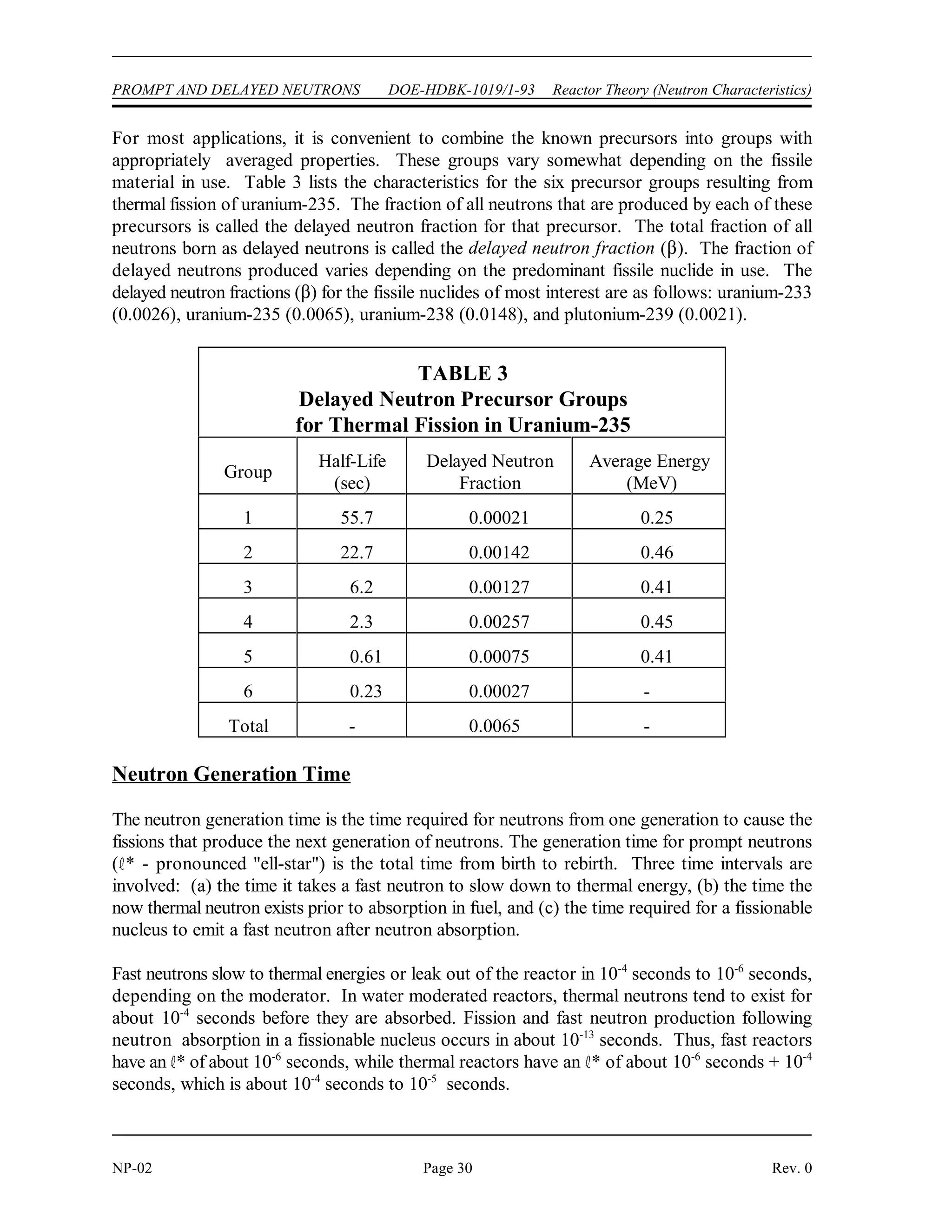 Reactor Theory (Neutron Characteristics) DOE-HDBK-1019/1-93 PROMPT AND DELAYED NEUTRONS
Rev. 0 Page 29 NP-02
PROMPT AND DELAYED NEUTRONS
Not all neutrons are released at the same time following fission. Most neutrons
are released virtually instantaneously and are called prompt neutrons. A very
small fraction of neutrons are released after the decay of fission products and are
called delayed neutrons. Although delayed neutrons are a very small fraction of
the total number of neutrons, they play an extremely important role in the control
of the reactor.
EO 3.1 STATE the origin of prompt neutrons and delayed neutrons.
EO 3.2 STATE the approximate fraction of neutrons that are born as
delayed neutrons from the fission of the following nuclear fuels:
a. Uranium-235
b. Plutonium-239
EO 3.3 EXPLAIN the mechanism for production of delayed neutrons.
EO 3.4 EXPLAIN prompt and delayed neutron generation times.
EO 3.5 Given prompt and delayed neutron generation times and
delayed neutron fraction, CALCULATE the average generation
time.
EO 3.6 EXPLAIN the effect of delayed neutrons on reactor control.
Neutron Classification
The great majority (over 99%) of the neutrons produced in fission are released within about 10-13
seconds of the actual fission event. These are called prompt neutrons. A small portion of fission
neutrons are delayed neutrons, which are produced for some time after the fission process has
taken place. The delayed neutrons are emitted immediately following the first beta decay of a
fission fragment known as a delayed neutron precursor. An example of a delayed neutron
precursor is bromine-87, shown below.
 