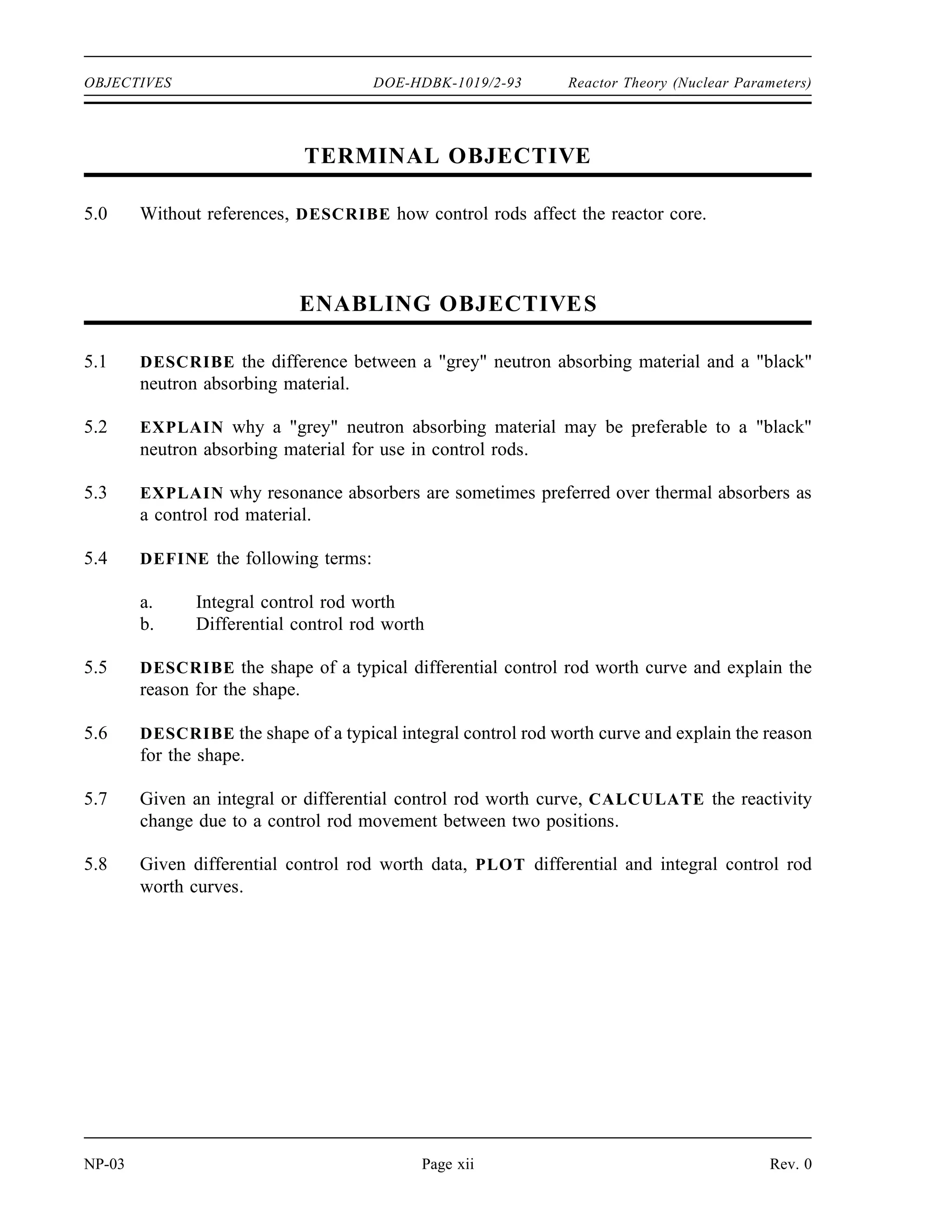 Reactor Theory (Nuclear Parameters) DOE-HDBK-1019/2-93 OBJECTIVES
ENABLING OBJECTIVES (Cont.)
4.13 DESCRIBE how samarium-149 concentration changes following a reactor
shutdown from steady-state conditions.
4.14 DESCRIBE how samarium-149 concentration changes following a reactor startup.
4.15 STATE the conditions under which helium-3 will have a significant effect on the
reactivity of a reactor.
Rev. 0 Page xi NP-03
 