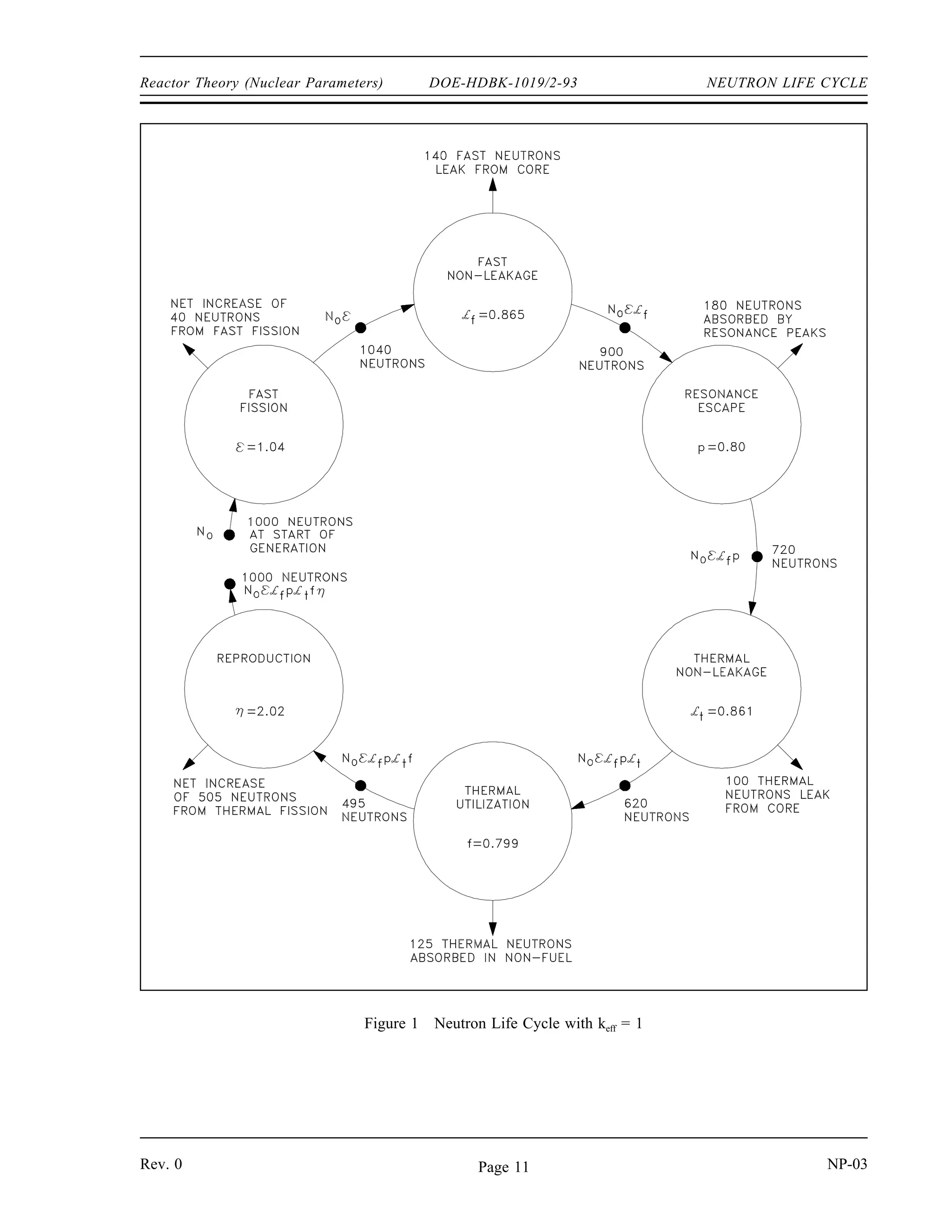 NEUTRON LIFE CYCLE DOE-HDBK-1019/2-93 Reactor Theory (Nuclear Parameters)
Six Factor Formula
With the inclusion of these last two factors it is possible to determine the fraction of neutrons that
remain after every possible process in a nuclear reactor. The effective multiplication factor (keff)
can then be determined by the product of six terms.
keff = f p t f η (3-3)
Equation (3-3) is called the six factor formula. Using this six factor formula, it is possible to
trace the entire neutron life cycle from production by fission to the initiation of subsequent
fissions. Figure 1 illustrates a neutron life cycle with nominal values provided for each of the
six factors. Refer to Figure 1 for the remainder of the discussion on the neutron life cycle and
sample calculations. The generation begins with 1000 neutrons. This initial number is
represented by No. The first process is fast fission and the population has been increased by the
neutrons from this fast fission process. From the definition of the fast fission factor it is
possible to calculate its value based on the number of neutrons before and after fast fission
occur.
number of fast neutrons produced by all fissions
number of fast neutrons produced by thermal fissions
1040
1000
1.04
The total number of fast neutrons produced by thermal and fast fission is represented by the
quantity No .
Next, it can be seen that 140 neutrons leak from the core before reaching the thermal energy
range. The fast non-leakage probability is calculated from its definition, as shown below.
f
number of fast neutrons that do not leak from reactor
number of fast neutrons produced by all fissions
1040 140
1040
0.865
The number of neutrons that remain in the core during the slowing down process is represented
by the quantity No f.
NP-03 Rev. 0
Page 10
 