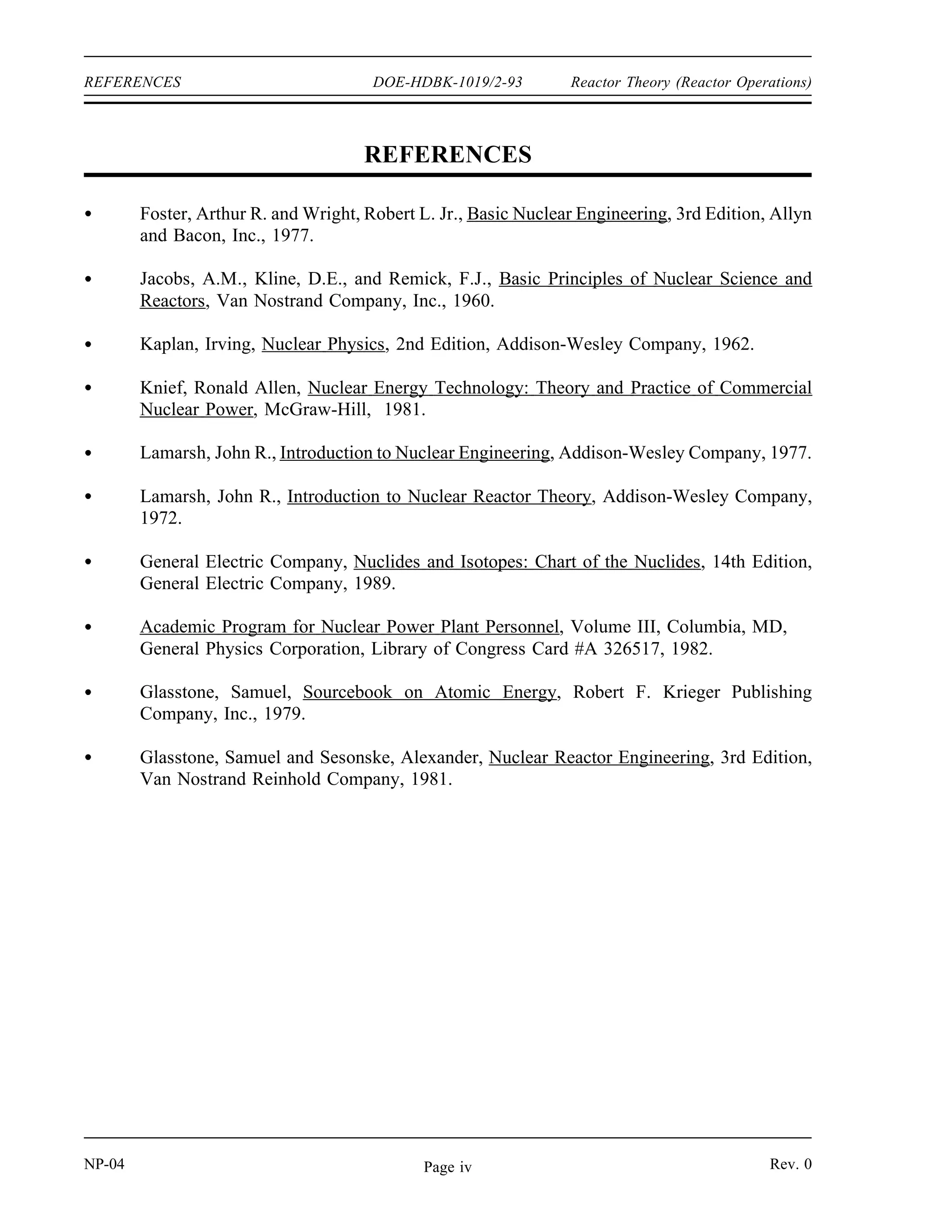 Reactor Theory (Reactor Operations) DOE-HDBK-1019/2-93 LIST OF TABLES
LIST OF TABLES
Table 1 Delayed Neutron Fractions for Various Fuels . . . . . . . . . . . . . . . . . . . . . . . . 12
Rev. 0 NP-04
Page iii
 