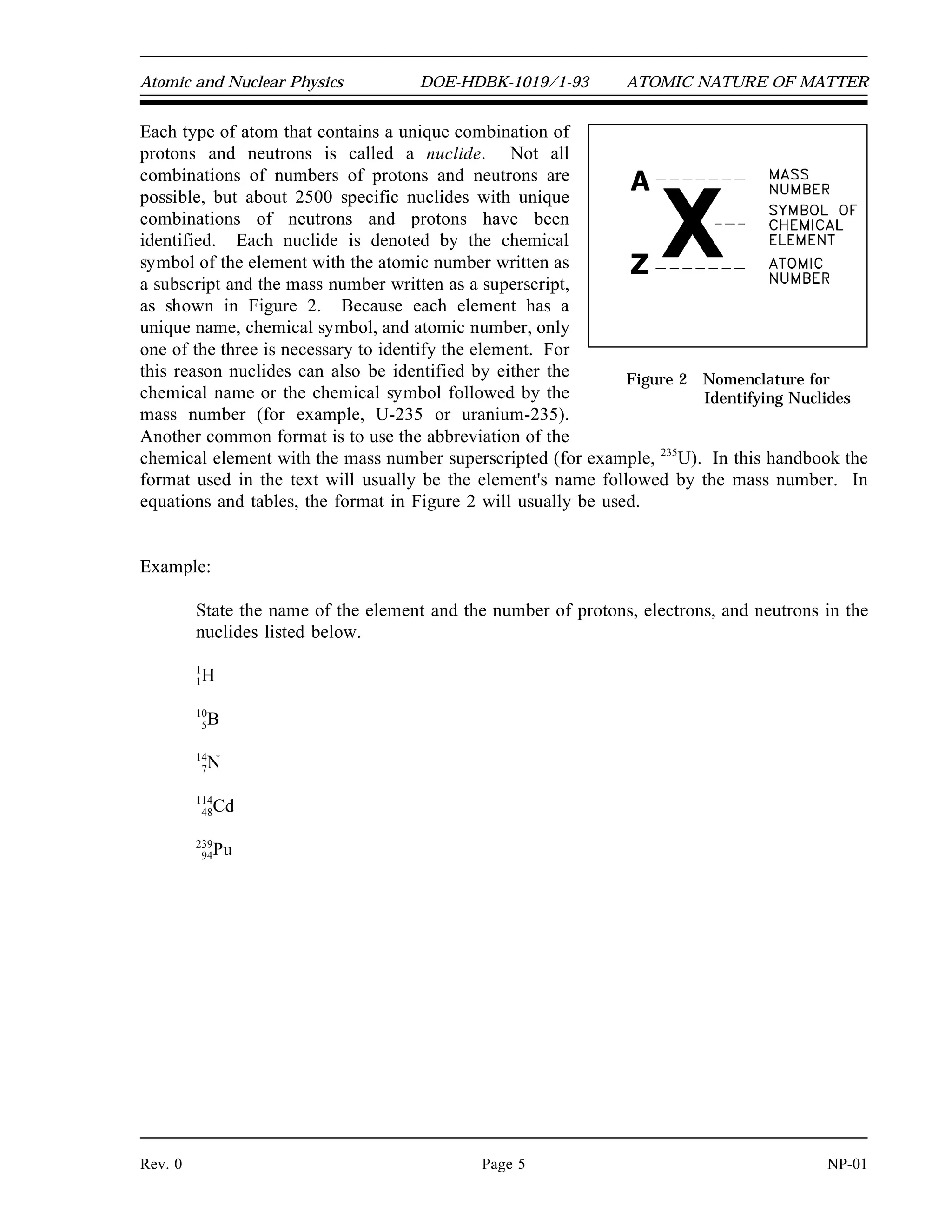 Atomic and Nuclear Physics DOE-HDBK-1019/1-93 ATOMIC NATURE OF MATTER
Each type of atom that contains a unique combination of
Figure 2 Nomenclature for
Identifying Nuclides
protons and neutrons is called a nuclide. Not all
combinations of numbers of protons and neutrons are
possible, but about 2500 specific nuclides with unique
combinations of neutrons and protons have been
identified. Each nuclide is denoted by the chemical
symbol of the element with the atomic number written as
a subscript and the mass number written as a superscript,
as shown in Figure 2. Because each element has a
unique name, chemical symbol, and atomic number, only
one of the three is necessary to identify the element. For
this reason nuclides can also be identified by either the
chemical name or the chemical symbol followed by the
mass number (for example, U-235 or uranium-235).
Another common format is to use the abbreviation of the
chemical element with the mass number superscripted (for example, 235
U). In this handbook the
format used in the text will usually be the element's name followed by the mass number. In
equations and tables, the format in Figure 2 will usually be used.
Example:
State the name of the element and the number of protons, electrons, and neutrons in the
nuclides listed below.
1
1H
10
5B
14
7N
11
4
4
8Cd
23
9
9
4Pu
Rev. 0 Page 5 NP-01
 