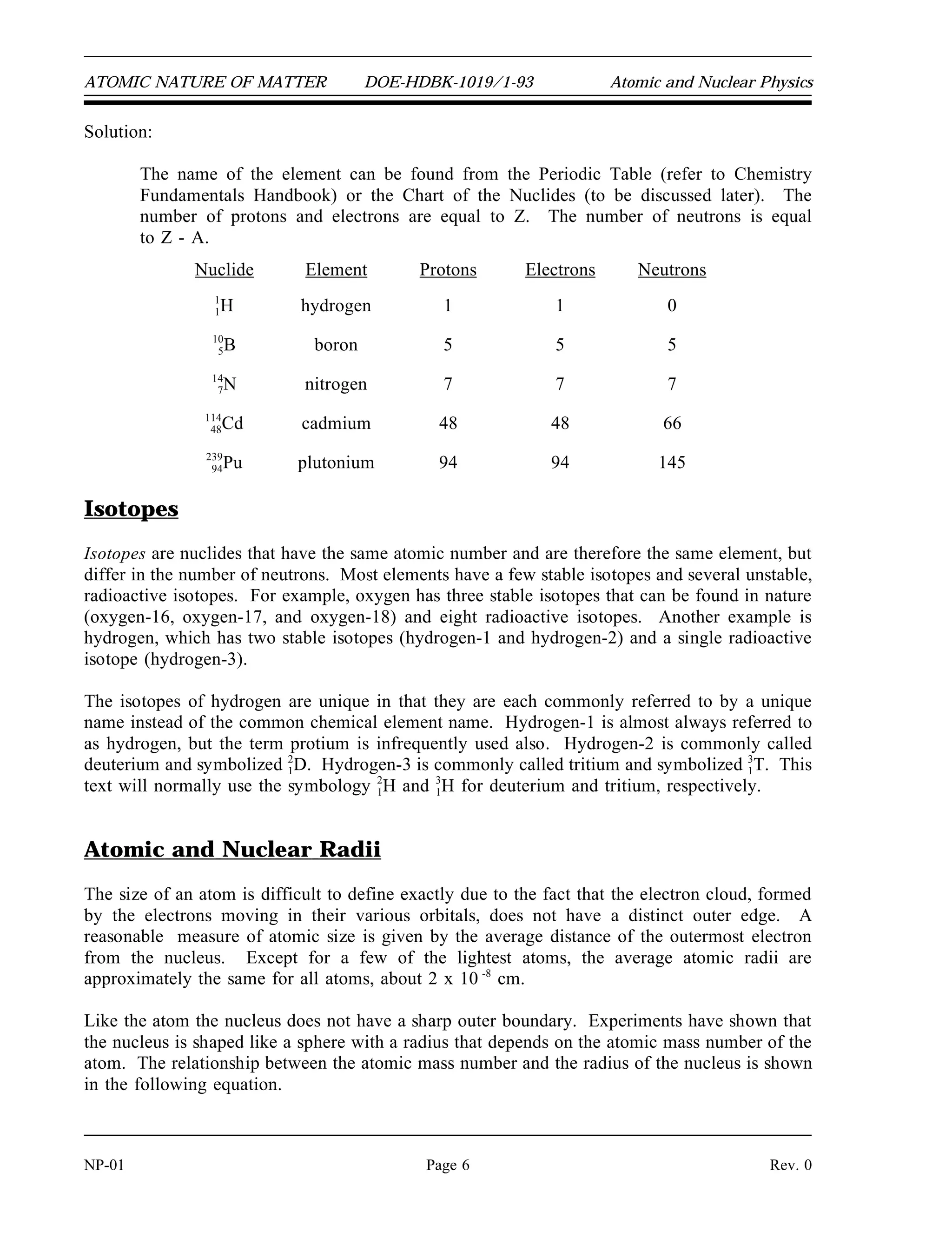 ATOMIC NATURE OF MATTER DOE-HDBK-1019/1-93 Atomic and Nuclear Physics
Solution:
The name of the element can be found from the Periodic Table (refer to Chemistry
Fundamentals Handbook) or the Chart of the Nuclides (to be discussed later). The
number of protons and electrons are equal to Z. The number of neutrons is equal
to Z - A.
Nuclide Element Protons Electrons Neutrons
1
1H hydrogen 1 1 0
10
5B boron 5 5 5
14
7N nitrogen 7 7 7
11
4
4
8Cd cadmium 48 48 66
23
9
9
4Pu plutonium 94 94 145
Isotopes
Isotopes are nuclides that have the same atomic number and are therefore the same element, but
differ in the number of neutrons. Most elements have a few stable isotopes and several unstable,
radioactive isotopes. For example, oxygen has three stable isotopes that can be found in nature
(oxygen-16, oxygen-17, and oxygen-18) and eight radioactive isotopes. Another example is
hydrogen, which has two stable isotopes (hydrogen-1 and hydrogen-2) and a single radioactive
isotope (hydrogen-3).
The isotopes of hydrogen are unique in that they are each commonly referred to by a unique
name instead of the common chemical element name. Hydrogen-1 is almost always referred to
as hydrogen, but the term protium is infrequently used also. Hydrogen-2 is commonly called
deuterium and symbolized 2
1D. Hydrogen-3 is commonly called tritium and symbolized 3
1T. This
text will normally use the symbology 2
1H and 3
1H for deuterium and tritium, respectively.
Atomic and Nuclear Radii
The size of an atom is difficult to define exactly due to the fact that the electron cloud, formed
by the electrons moving in their various orbitals, does not have a distinct outer edge. A
reasonable measure of atomic size is given by the average distance of the outermost electron
from the nucleus. Except for a few of the lightest atoms, the average atomic radii are
approximately the same for all atoms, about 2 x 10 -8
cm.
Like the atom the nucleus does not have a sharp outer boundary. Experiments have shown that
the nucleus is shaped like a sphere with a radius that depends on the atomic mass number of the
atom. The relationship between the atomic mass number and the radius of the nucleus is shown
in the following equation.
NP-01 Page 6 Rev. 0
 