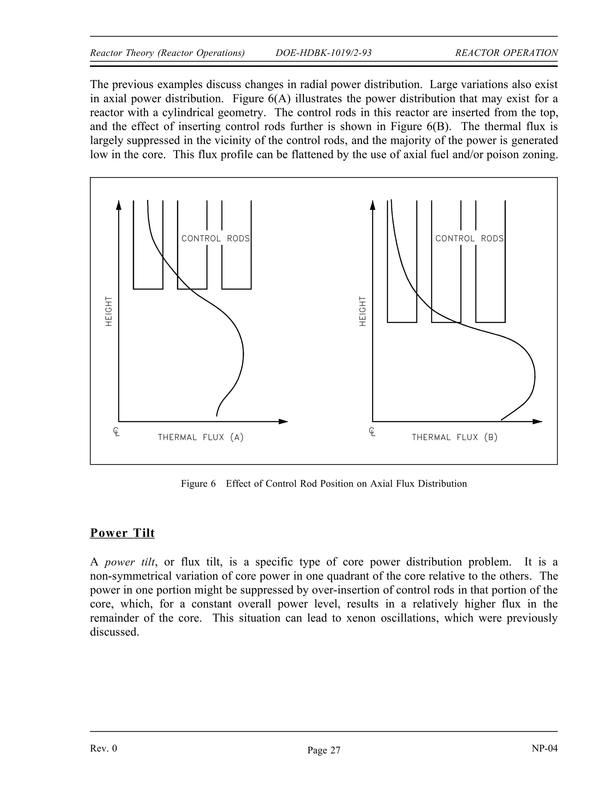 REACTOR OPERATION DOE-HDBK-1019/2-93 Reactor Theory (Reactor Operations)
Figure 4 shows the general effect of reflection in the thermal reactor system where core power
is proportional to the thermal flux. Notice that a reflector can raise the power density of the
core periphery and thus increase the core average power level without changing the peak power.
As illustrated in Figure 4, the thermal flux in the reflector may actually be higher than that in
the outermost fuel since there are very few absorptions in the reflector.
Varying the fuel enrichment or fuel concentrations in the core radially, axially, or both, can
Figure 4 Neutron Radial Flux Shapes for Bare and Reflected Cores
readily be used to control power distribution. The simplified example illustrated in Figure 5
shows the effect of using a higher enrichment in the outer regions of the core. Varying fuel
concentrations or poison loading for flux shaping is frequently referred to as zoning. In the
example illustrated the large central peak is reduced, but the average power level remains the
same.
Figure 5 Effect of Non-Uniform Enrichment on Radial Flux Shape
NP-04 Rev. 0
Page 26
 