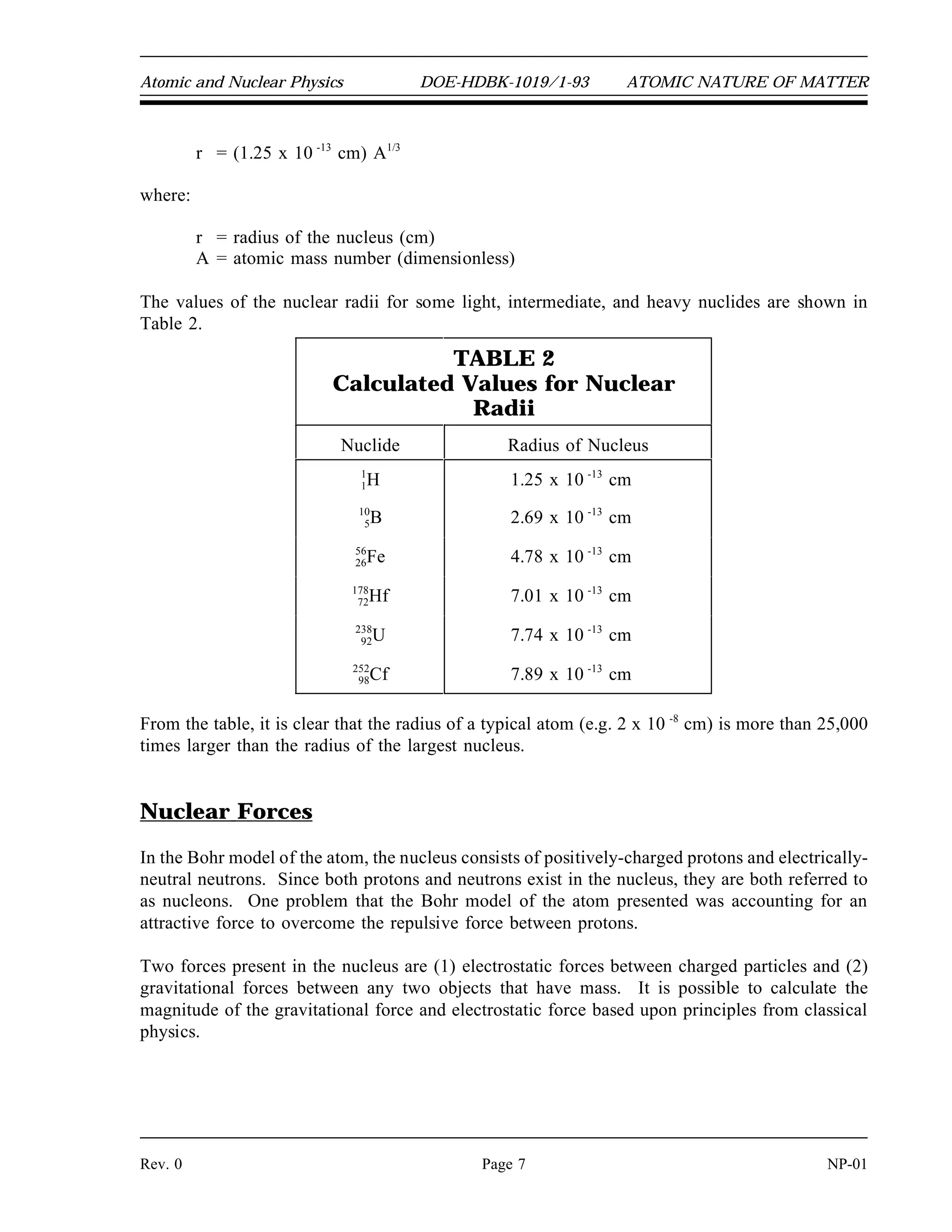 Atomic and Nuclear Physics DOE-HDBK-1019/1-93 ATOMIC NATURE OF MATTER
r = (1.25 x 10 -13
cm) A1/3
where:
r = radius of the nucleus (cm)
A = atomic mass number (dimensionless)
The values of the nuclear radii for some light, intermediate, and heavy nuclides are shown in
Table 2.
TABLE 2
Calculated Values for Nuclear
Radii
Nuclide Radius of Nucleus
1
1H 1.25 x 10 -13
cm
10
5B 2.69 x 10 -13
cm
5
2
6
6Fe 4.78 x 10 -13
cm
17
7
8
2Hf 7.01 x 10 -13
cm
23
9
8
2U 7.74 x 10 -13
cm
25
9
2
8Cf 7.89 x 10 -13
cm
From the table, it is clear that the radius of a typical atom (e.g. 2 x 10 -8
cm) is more than 25,000
times larger than the radius of the largest nucleus.
Nuclear Forces
In the Bohr model of the atom, the nucleus consists of positively-charged protons and electrically-
neutral neutrons. Since both protons and neutrons exist in the nucleus, they are both referred to
as nucleons. One problem that the Bohr model of the atom presented was accounting for an
attractive force to overcome the repulsive force between protons.
Two forces present in the nucleus are (1) electrostatic forces between charged particles and (2)
gravitational forces between any two objects that have mass. It is possible to calculate the
magnitude of the gravitational force and electrostatic force based upon principles from classical
physics.
Rev. 0 Page 7 NP-01
 