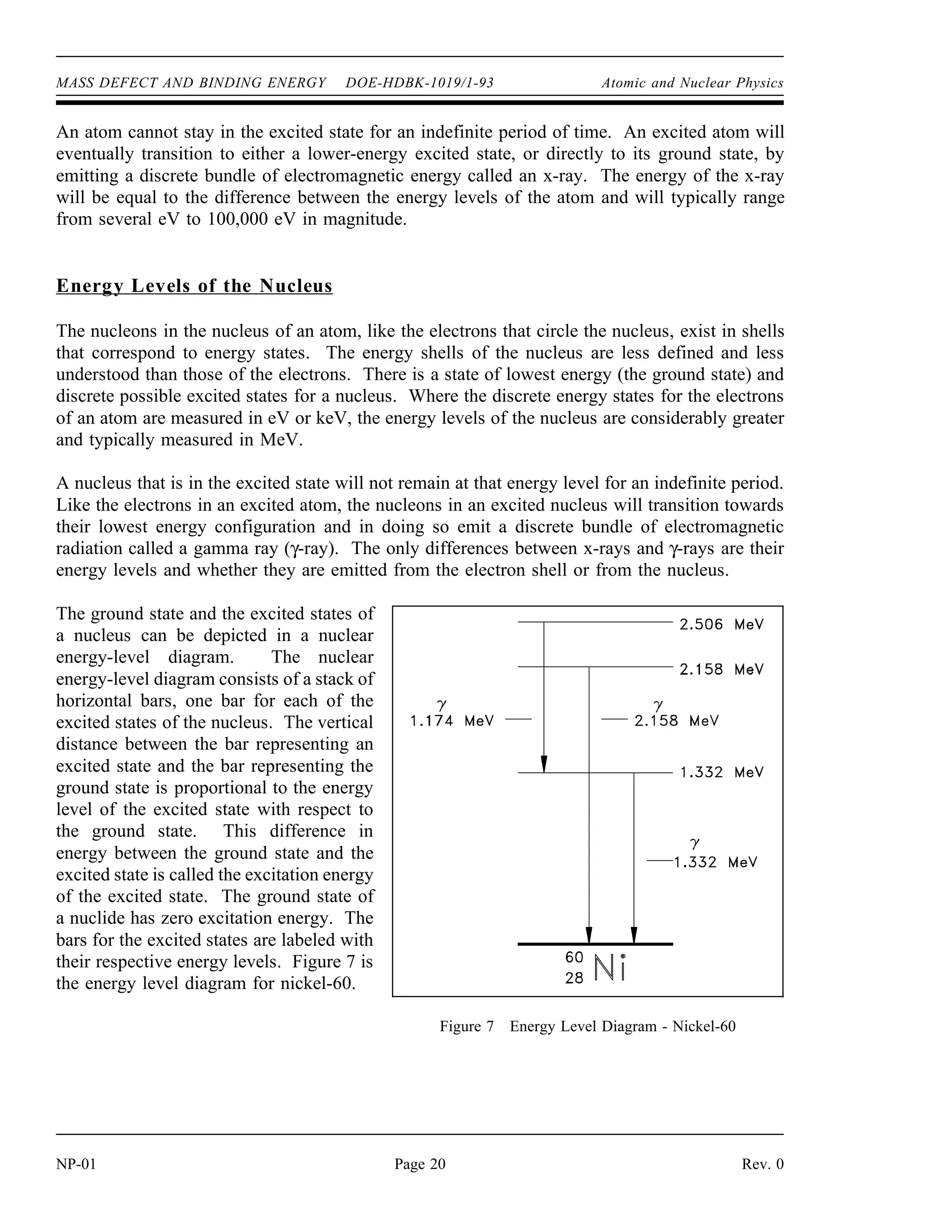 MASS DEFECT AND BINDING ENERGY DOE-HDBK-1019/1-93 Atomic and Nuclear Physics
An atom cannot stay in the excited state for an indefinite period of time. An excited atom will
eventually transition to either a lower-energy excited state, or directly to its ground state, by
emitting a discrete bundle of electromagnetic energy called an x-ray. The energy of the x-ray
will be equal to the difference between the energy levels of the atom and will typically range
from several eV to 100,000 eV in magnitude.
Energy Levels of the Nucleus
The nucleons in the nucleus of an atom, like the electrons that circle the nucleus, exist in shells
that correspond to energy states. The energy shells of the nucleus are less defined and less
understood than those of the electrons. There is a state of lowest energy (the ground state) and
discrete possible excited states for a nucleus. Where the discrete energy states for the electrons
of an atom are measured in eV or keV, the energy levels of the nucleus are considerably greater
and typically measured in MeV.
A nucleus that is in the excited state will not remain at that energy level for an indefinite period.
Like the electrons in an excited atom, the nucleons in an excited nucleus will transition towards
their lowest energy configuration and in doing so emit a discrete bundle of electromagnetic
radiation called a gamma ray (γ-ray). The only differences between x-rays and γ-rays are their
energy levels and whether they are emitted from the electron shell or from the nucleus.
The ground state and the excited states of
Figure 7 Energy Level Diagram - Nickel-60
a nucleus can be depicted in a nuclear
energy-level diagram. The nuclear
energy-level diagram consists of a stack of
horizontal bars, one bar for each of the
excited states of the nucleus. The vertical
distance between the bar representing an
excited state and the bar representing the
ground state is proportional to the energy
level of the excited state with respect to
the ground state. This difference in
energy between the ground state and the
excited state is called the excitation energy
of the excited state. The ground state of
a nuclide has zero excitation energy. The
bars for the excited states are labeled with
their respective energy levels. Figure 7 is
the energy level diagram for nickel-60.
NP-01 Page 20 Rev. 0
 