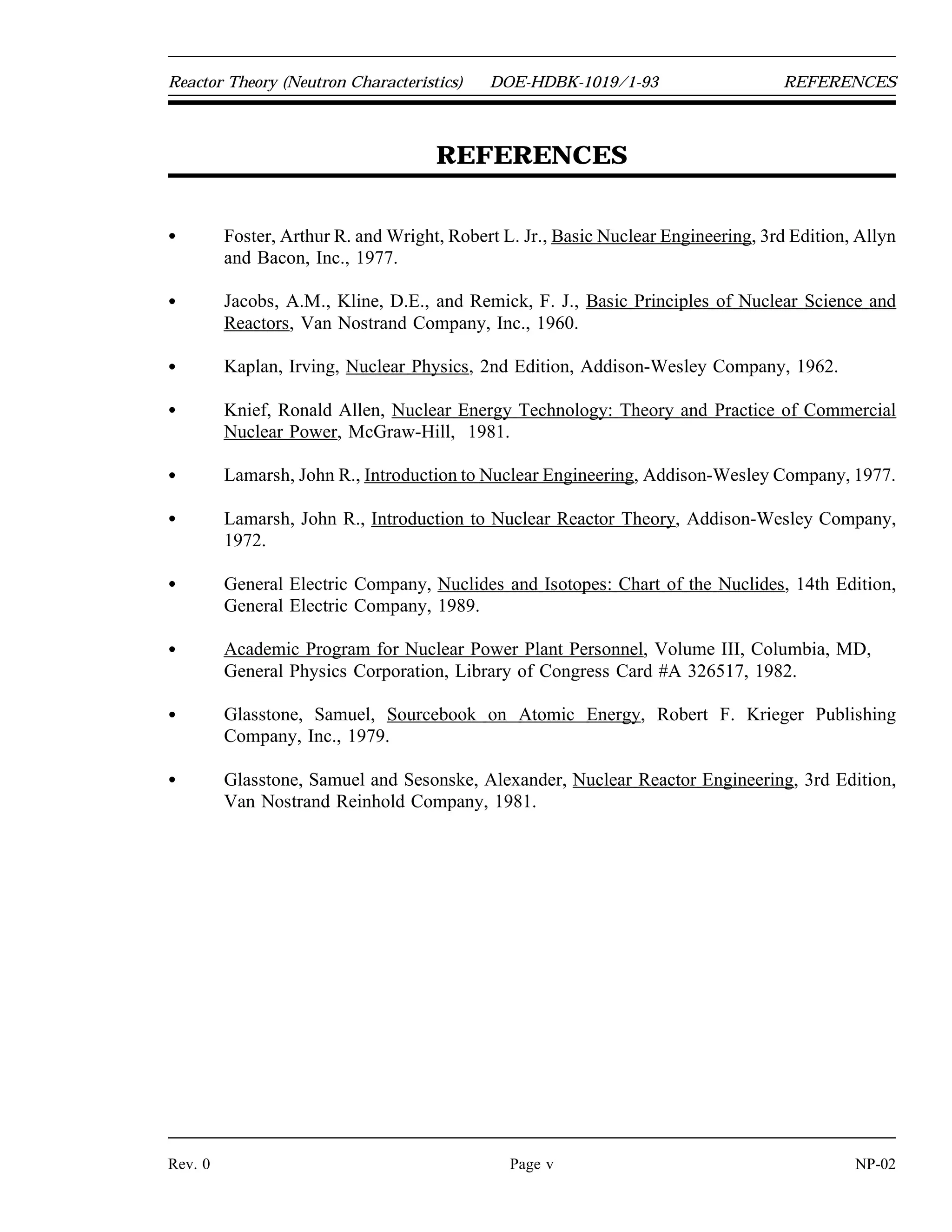 LIST OF TABLES DOE-HDBK-1019/1-93 Reactor Theory (Neutron Characteristics)
LIST OF TABLES
Table 1 Neutron Production by Spontaneous Fission . . . . . . . . . . . . . . . . . . . . . . . . . 2
Table 2 Moderating Properties of Materials . . . . . . . . . . . . . . . . . . . . . . . . . . . . . . . 27
Table 3 Delayed Neutron Precursor Groups for Thermal Fission in Uranium-235 . . . . . 30
NP-02 Page iv Rev. 0
 