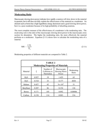 ! (
NEUTRON MODERATION DOE-HDBK-1019/1-93 Reactor Theory (Neutron Characteristics)
NP-02 Page 26 Rev. 0
(2-9)
where:
E = initial neutron energy
o
E = neutron energy after N collisions
N
x = average fractional energy loss per collision
N = number of collisions
Example:
If the average fractional energy loss per collision in hydrogen is 0.63, what will be the
energy of a 2 MeV neutron after (a) 5 collisions? (b) 10 collisions?
Solution:
a)
b)
Macroscopic Slowing Down Power
Although the logarithmic energy decrement is a convenient measure of the ability of a material
to slow neutrons, it does not measure all necessary properties of a moderator. A better measure
of the capabilities of a material is the macroscopic slowing down power. The macroscopic
slowing down power (MSDP) is the product of the logarithmic energy decrement and the
macroscopic cross section for scattering in the material. Equation (2-10) illustrates how to
calculate the macroscopic slowing down power.
(2-10)
 