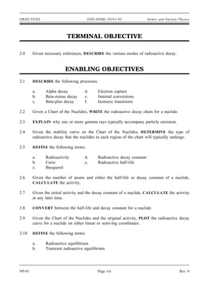 OBJECTIVES DOE-HDBK-1019/1-93 Atomic and Nuclear Physics
TERMINAL OBJECTIVE
2.0 Given necessary references, DESCRIBE the various modes of radioactive decay.
ENABLING OBJECTIVES
2.1 DESCRIBE the following processes:
a. Alpha decay d. Electron capture
b. Beta-minus decay e. Internal conversions
c. Beta-plus decay f. Isomeric transitions
2.2 Given a Chart of the Nuclides, WRITE the radioactive decay chain for a nuclide.
2.3 EXPLAIN why one or more gamma rays typically accompany particle emission.
2.4 Given the stability curve on the Chart of the Nuclides, DETERMINE the type of
radioactive decay that the nuclides in each region of the chart will typically undergo.
2.5 DEFINE the following terms:
a. Radioactivity d. Radioactive decay constant
b. Curie e. Radioactive half-life
c. Becquerel
2.6 Given the number of atoms and either the half-life or decay constant of a nuclide,
CALCULATE the activity.
2.7 Given the initial activity and the decay constant of a nuclide, CALCULATE the activity
at any later time.
2.8 CONVERT between the half-life and decay constant for a nuclide.
2.9 Given the Chart of the Nuclides and the original activity, PLOT the radioactive decay
curve for a nuclide on either linear or semi-log coordinates.
2.10 DEFINE the following terms:
a. Radioactive equilibrium
b. Transient radioactive equilibrium
NP-01 Page viii Rev. 0
 