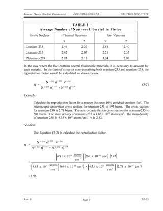 NEUTRON LIFE CYCLE DOE-HDBK-1019/2-93 Reactor Theory (Nuclear Parameters)
Example:
Calculate the thermal utilization factor for a homogeneous reactor. The macroscopic
absorption cross section of the fuel is 0.3020 cm-1
, the macroscopic absorption cross
section of the moderator is 0.0104 cm-1
, and the macroscopic absorption cross section of
the poison is 0.0118 cm-1
.
Solution:
f
ΣU
a
ΣU
a Σm
a Σp
a
0.3020 cm 1
0.3020 cm 1
0.0104cm1
0.0118cm1
0.932
Reproduction Factor, (η
η)
Most of the neutrons absorbed in the fuel cause fission, but some do not. The reproduction factor
(η) is defined as the ratio of the number of fast neurtons produces by thermal fission to the number
of themal neutrons absorbed in the fuel. The reproduction factor is shown below.
η
number of fast neutrons produced by thermal fission
number of thermal neutrons absorbed in the fuel
The reproduction factor can also be stated as a ratio of rates as shown below.
η
rate of production of fast neutrons by thermal fission
rate of absorption of thermal neutrons by the fuel
The rate of production of fast neutrons by thermal fission can be determined by the product of the
fission reaction rate (Σf
u
φu
) and the average number of neutrons produced per fission (ν). The
average number of neutrons released in thermal fission of uranium-235 is 2.42. The rate of
absorption of thermal neutrons by the fuel is Σa
u
φu
. Substituting these terms into the equation
above results in the following equation.
η
Σ
U
f φU
ν
ΣU
a φU
Table 1 lists values of ν and η for fission of several different materials by thermal neutrons and
fast neutrons.
NP-03 Rev. 0
Page 6
 