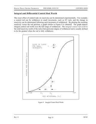 CONTROL RODS DOE-HDBK-1019/2-93 Reactor Theory (Nuclear Parameters)
Not all reactors have different control rods to serve the purposes mentioned above. Depending
upon the type of reactor and the controls necessary, it is possible to use dual-purpose or even
triple-purpose rods. For example, consider a set of control rods that can insert enough reactivity
to be used as shim rods. If the same rods can be operated at slow speeds, they will function as
regulating rods. Additionally, these same rods can be designed for rapid insertion, or scram.
These rods serve a triple function yet meet other specifications such as precise control, range of
control, and efficiency.
Control Rod Effectiveness
The effectiveness of a control rod depends largely upon the value of the ratio of the neutron flux
at the location of the rod to the average neutron flux in the reactor. The control rod has
maximum effect (inserts the most negative reactivity) if it is placed in the reactor where the flux
is maximum. If a reactor has only one control rod, the rod should be placed in the center of the
reactor core. The effect of such a rod on the flux is illustrated in Figure 8.
If additional rods are added to this simple reactor, the most effective location is where the flux
Figure 8 Effect of Control Rod on Radial Flux Distribution
is maximum, that is, at point A. Numerous control rods are required for a reactor that has a
large amount of excess reactivity (that amount of reactivity in excess of that needed to be
critical). The exact amount of reactivity that each control rod inserts depends upon the reactor
design. The change in reactivity caused by control rod motion is referred to as control rod
worth.
NP-03 Rev. 0
Page 50
 