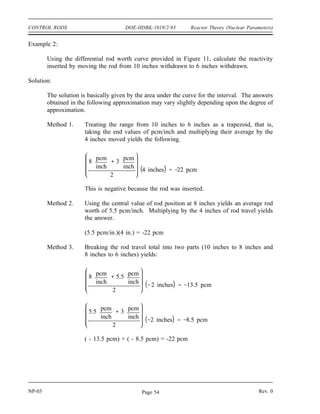 Reactor Theory (Nuclear Parameters) DOE-HDBK-1019/2-93 CONTROL RODS
The following exercises are intended to reinforce an understanding of the concepts of integral
and differential rod worth.
Example 1:
Using the integral rod worth curve provided in Figure 11, find the reactivity inserted by
moving the rod from 12 inches withdrawn out to 18 inches withdrawn.
Figure 11 Rod Worth Curves for Example Problems
Solution:
The integral rod worth at 12 inches is 40 pcm and the integral rod worth at 18 inches is
80 pcm.
∆ ρ ρfinal ρinitial
ρ18 ρ12
80 pcm 40 pcm
40 pcm
Rev. 0 NP-03
Page 53
 
