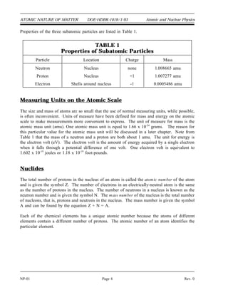 ATOMIC NATURE OF MATTER DOE-HDBK-1019/1-93 Atomic and Nuclear Physics
Properties of the three subatomic particles are listed in Table 1.
TABLE 1
Properties of Subatomic Particles
Particle Location Charge Mass
Neutron Nucleus none 1.008665 amu
Proton Nucleus +1 1.007277 amu
Electron Shells around nucleus -1 0.0005486 amu
Measuring Units on the Atomic Scale
The size and mass of atoms are so small that the use of normal measuring units, while possible,
is often inconvenient. Units of measure have been defined for mass and energy on the atomic
scale to make measurements more convenient to express. The unit of measure for mass is the
atomic mass unit (amu). One atomic mass unit is equal to 1.66 x 10-24
grams. The reason for
this particular value for the atomic mass unit will be discussed in a later chapter. Note from
Table 1 that the mass of a neutron and a proton are both about 1 amu. The unit for energy is
the electron volt (eV). The electron volt is the amount of energy acquired by a single electron
when it falls through a potential difference of one volt. One electron volt is equivalent to
1.602 x 10-19
joules or 1.18 x 10-19
foot-pounds.
Nuclides
The total number of protons in the nucleus of an atom is called the atomic number of the atom
and is given the symbol Z. The number of electrons in an electrically-neutral atom is the same
as the number of protons in the nucleus. The number of neutrons in a nucleus is known as the
neutron number and is given the symbol N. The mass number of the nucleus is the total number
of nucleons, that is, protons and neutrons in the nucleus. The mass number is given the symbol
A and can be found by the equation Z + N = A.
Each of the chemical elements has a unique atomic number because the atoms of different
elements contain a different number of protons. The atomic number of an atom identifies the
particular element.
NP-01 Page 4 Rev. 0
 