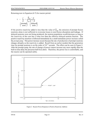 ¯
eff
¯ I
¯
eff
¯
Reactor Theory (Reactor Operations) DOE-HDBK-1019/2-93 REACTOR KINETICS
Rev. 0 NP-04
Page 13
where:
= effective delayed neutron fraction
= average delayed neutron fraction
I = importance factor
In a small reactor with highly enriched fuel, the increase in fast non-leakage probability will
dominate the decrease in the fast fission factor, and the importance factor will be greater than
one. In a large reactor with low enriched fuel, the decrease in the fast fission factor will
dominate the increase in the fast non-leakage probability and the importance factor will be less
than one (about 0.97 for a commercial PWR).
Effective Delayed Neutron Precursor Decay Constant
Another new term has been introduced in the reactor period ( ) equation. That term is eff
(pronounced lambda effective), the effective delayed neutron precursor decay constant. The
decay rate for a given delayed neutron precursor can be expressed as the product of precursor
concentration and the decay constant ( ) of that precursor. The decay constant of a precursor
is simply the fraction of an initial number of the precursor atoms that decays in a given unit
time. A decay constant of 0.1 sec , for example, implies that one-tenth, or ten percent, of a
-1
sample of precursor atoms decays within one second. The value for the effective delayed
neutron precursor decay constant, , varies depending upon the balance existing between the
eff
concentrations of the precursor groups and the nuclide(s) being used as the fuel.
If the reactor is operating at a constant power, all the precursor groups reach an equilibrium
value. During an up-power transient, however, the shorter-lived precursors decaying at any
given instant were born at a higher power level (or flux level) than the longer-lived precursors
decaying at the same instant. There is, therefore, proportionately more of the shorter-lived and
fewer of the longer-lived precursors decaying at that given instant than there are at constant
power. The value of is closer to that of the shorter-lived precursors.
eff
During a down-power transient the longer-lived precursors become more significant. The
longer-lived precursors decaying at a given instant were born at a higher power level (or flux
level) than the shorter-lived precursors decaying at that instant. Therefore, proportionately
more of the longer-lived precursors are decaying at that instant, and the value of approaches
eff
the values of the longer-lived precursors.
Approximate values for are 0.08 sec for steady-state operation, 0.1 sec for a power
eff
-1 -1
increase, and 0.05 sec for a power decrease. The exact values will depend upon the materials
-1
used for fuel and the value of the reactivity of the reactor core.
 