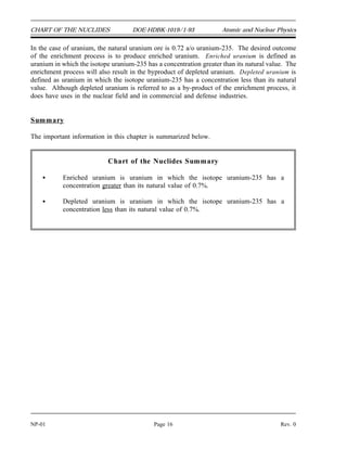 CHART OF THE NUCLIDES DOE-HDBK-1019/1-93 Atomic and Nuclear Physics
In the case of uranium, the natural uranium ore is 0.72 a/o uranium-235. The desired outcome
of the enrichment process is to produce enriched uranium. Enriched uranium is defined as
uranium in which the isotope uranium-235 has a concentration greater than its natural value. The
enrichment process will also result in the byproduct of depleted uranium. Depleted uranium is
defined as uranium in which the isotope uranium-235 has a concentration less than its natural
value. Although depleted uranium is referred to as a by-product of the enrichment process, it
does have uses in the nuclear field and in commercial and defense industries.
Summary
The important information in this chapter is summarized below.
Chart of the Nuclides Summary
Enriched uranium is uranium in which the isotope uranium-235 has a
concentration greater than its natural value of 0.7%.
Depleted uranium is uranium in which the isotope uranium-235 has a
concentration less than its natural value of 0.7%.
NP-01 Page 16 Rev. 0
 