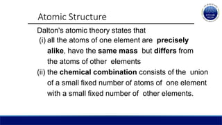 Atomic Structure
Dalton's atomic theory states that
(i) all the atoms of one element are precisely
alike, have the same mass but differs from
the atoms of other elements
(ii) the chemical combination consists of the union
of a small fixed number of atoms of one element
with a small fixed number of other elements.
 