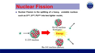 Nuclear Fission
6
 Nuclear Fission is the splitting of a heavy, unstable nucleus
such as U233, U235, PU239 into two lighter nuclei.
Kr=Krypton
Energy
U-235 nucleus
Kr-92 nucleus
Ba-141 nucleus (Barium)
 