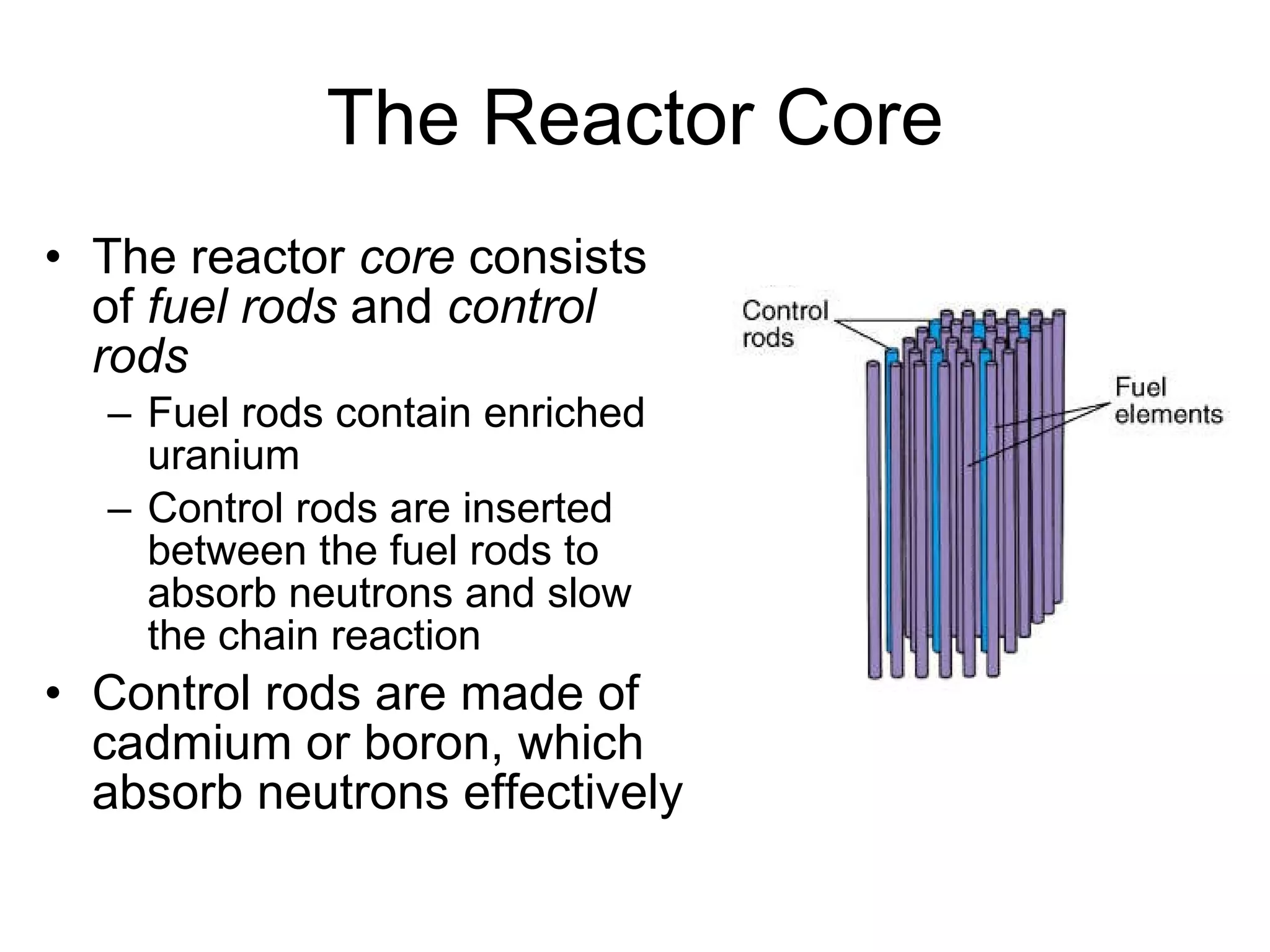 The Reactor Core The reactor  core  consists of  fuel rods  and  control rods Fuel rods contain enriched uranium Control rods are inserted between the fuel rods to absorb neutrons and slow the chain reaction Control rods are made of cadmium or boron, which absorb neutrons effectively  